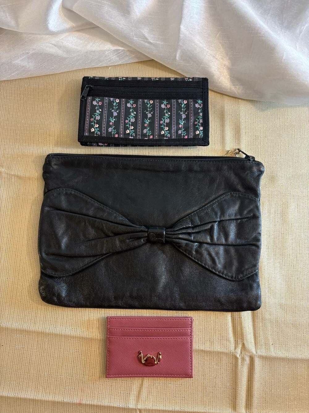 Vintage Italian Leather Bow Clutch, Floral Trifold Wallet, and Disney Stitch Car